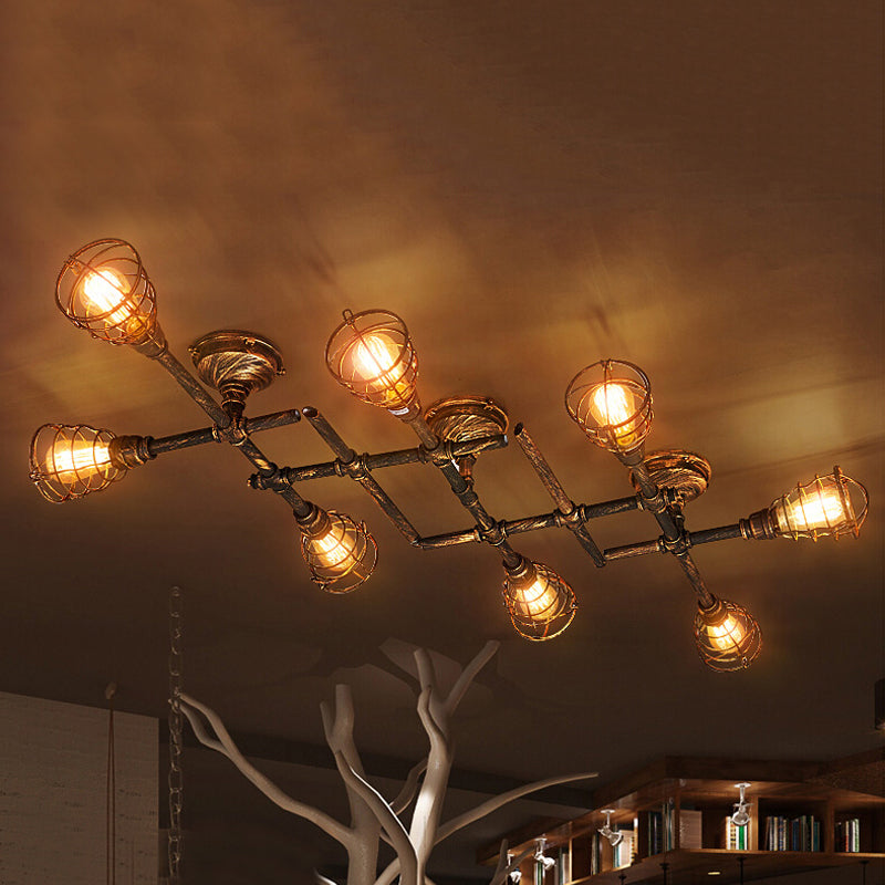 Brass Wire Cage Semi-Flush Light Vintage Industrial Iron 4/6/8 Heads Living Room Ceiling Lighting with Pipe 8 Brass Clearhalo 'Ceiling Lights' 'Close To Ceiling Lights' 'Close to ceiling' 'Semi-flushmount' Lighting' 460051