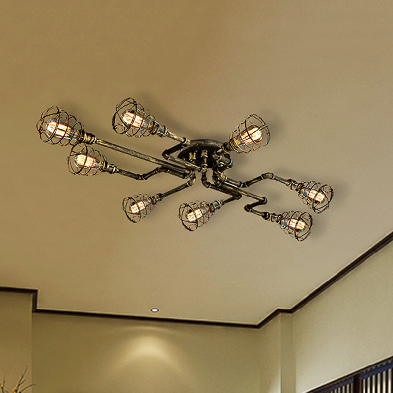 Bronze Twisted Pipe Close to Ceiling Lamp with Cage Shade Antique Style Metal 8-Light Indoor Ceiling Lighting Clearhalo 'Ceiling Lights' 'Close To Ceiling Lights' 'Close to ceiling' 'Semi-flushmount' Lighting' 460055