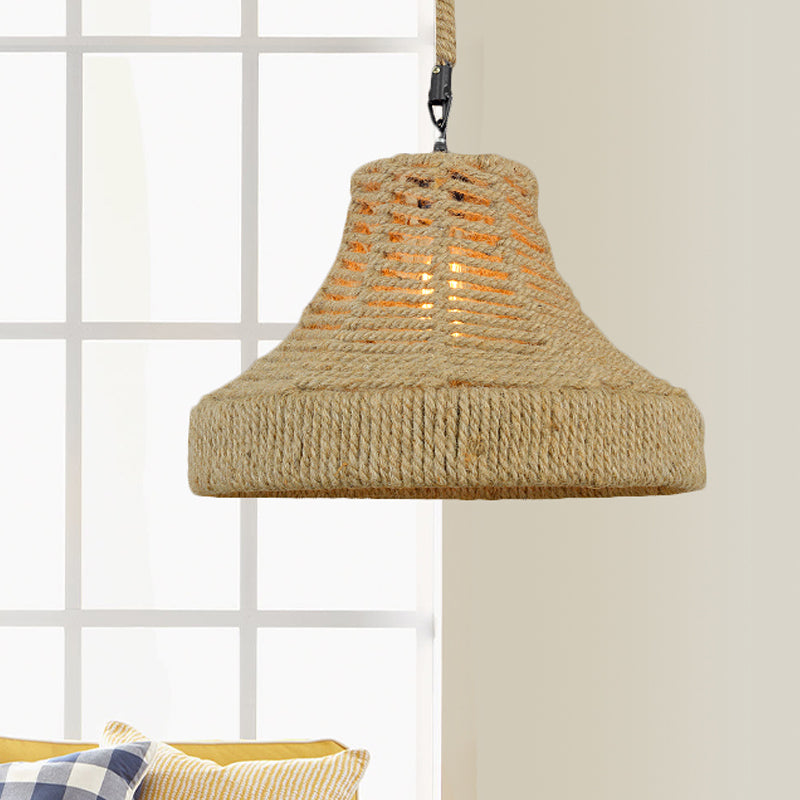 Rope Flared/Bowl Cage Shade Pendant Light Vintage Industrial 1 Head Restaurant Hanging Lamp in Beige Clearhalo 'Ceiling Lights' 'Industrial Pendants' 'Industrial' 'Middle Century Pendants' 'Pendant Lights' 'Pendants' 'Tiffany' Lighting' 460068