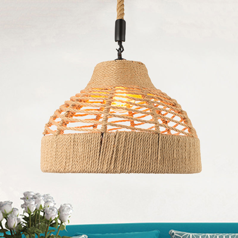 Rope Flared/Bowl Cage Shade Pendant Light Vintage Industrial 1 Head Restaurant Hanging Lamp in Beige Clearhalo 'Ceiling Lights' 'Industrial Pendants' 'Industrial' 'Middle Century Pendants' 'Pendant Lights' 'Pendants' 'Tiffany' Lighting' 460069