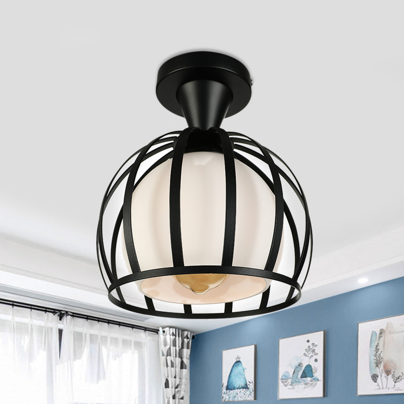 Domed Cage Metal Ceiling Light Fixture Vintage Style 1 Head Dining Room Semi Mount Lighting in Black/White Clearhalo 'Ceiling Lights' 'Close To Ceiling Lights' 'Close to ceiling' 'Glass shade' 'Glass' 'Pendant Lights' 'Semi-flushmount' Lighting' 460075