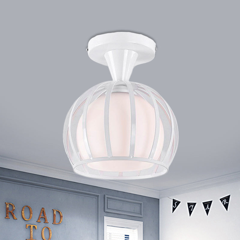 Domed Cage Metal Ceiling Light Fixture Vintage Style 1 Head Dining Room Semi Mount Lighting in Black/White Clearhalo 'Ceiling Lights' 'Close To Ceiling Lights' 'Close to ceiling' 'Glass shade' 'Glass' 'Pendant Lights' 'Semi-flushmount' Lighting' 460076