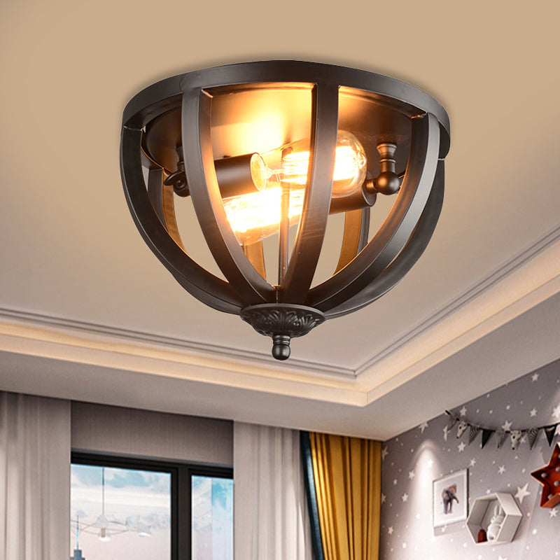 Metallic Bowl Caged Ceiling Mounted Lamp Vintage Style 2 Lights Living Room Flush Mount Light Fixture in Black Clearhalo 'Ceiling Lights' 'Close To Ceiling Lights' 'Close to ceiling' 'Flush mount' 'Industrial Flush Mount' Lighting' 460107