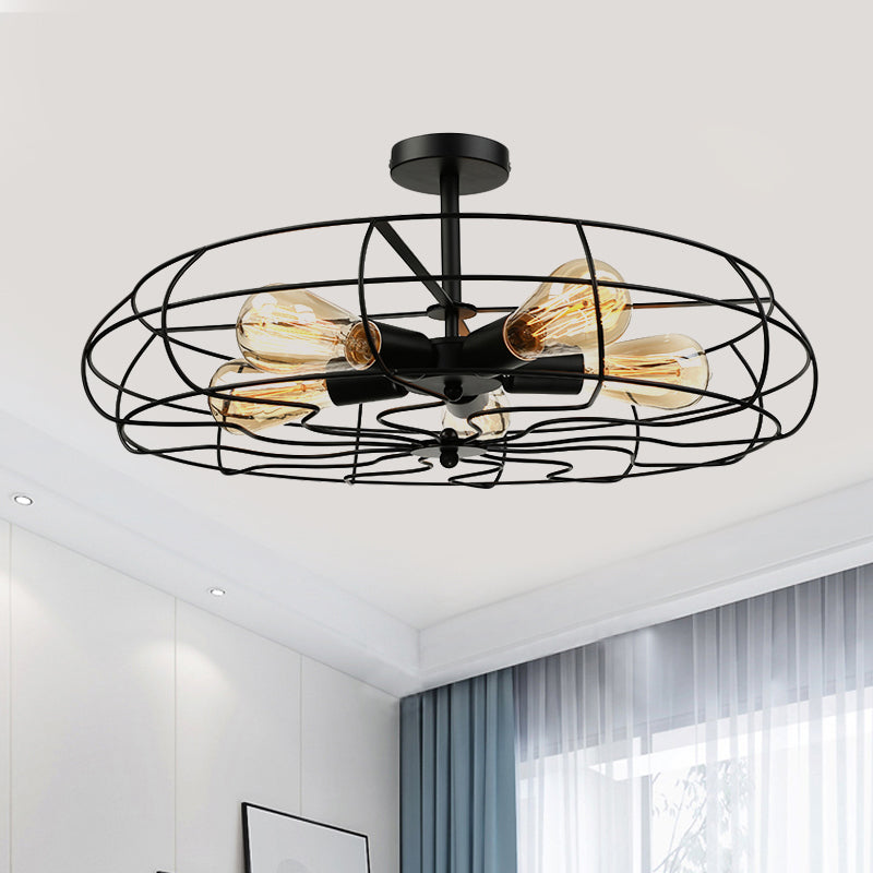Fan Shaped Iron Ceiling Light with Wire Cage Shade Vintage 5 Lights Living Room Semi Flush Mount Light in Rust/Black Clearhalo 'Ceiling Lights' 'Close To Ceiling Lights' 'Close to ceiling' 'Semi-flushmount' Lighting' 460108