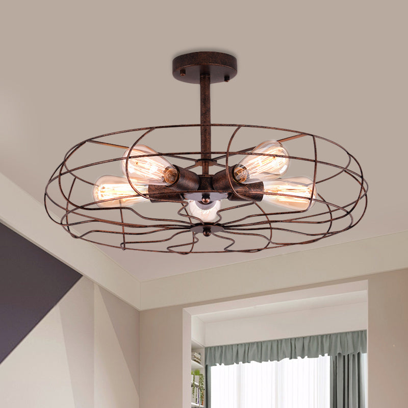 Fan Shaped Iron Ceiling Light with Wire Cage Shade Vintage 5 Lights Living Room Semi Flush Mount Light in Rust/Black Clearhalo 'Ceiling Lights' 'Close To Ceiling Lights' 'Close to ceiling' 'Semi-flushmount' Lighting' 460109