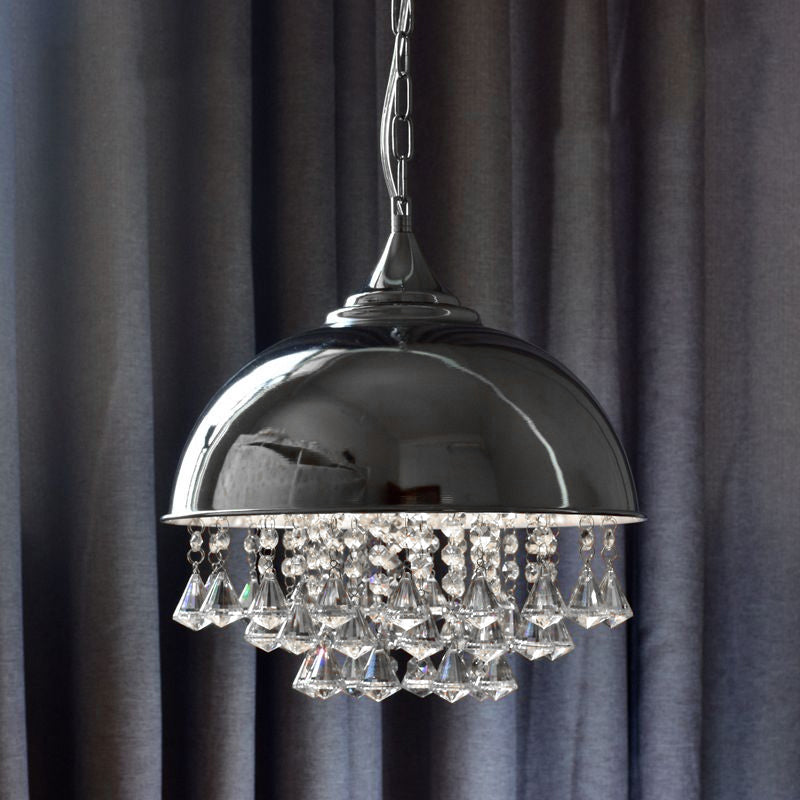 1 Bulb Dome Pendant Light Fixture Industrial Black/Chrome Metal Hanging Light with Crystal Bead Chrome Clearhalo 'Art Deco Pendants' 'Cast Iron' 'Ceiling Lights' 'Ceramic' 'Crystal' 'Industrial Pendants' 'Industrial' 'Metal' 'Middle Century Pendants' 'Pendant Lights' 'Pendants' 'Tiffany' Lighting' 460143