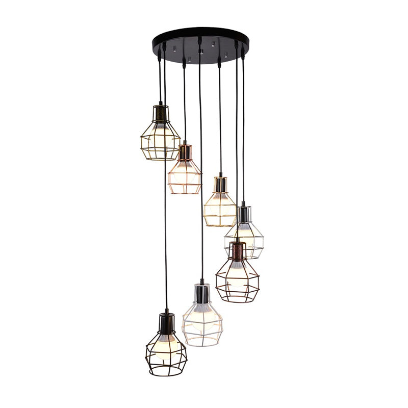 3/7 Heads Hanging Lamp Vintage Global Cage Shade Metallic Pendant Lighting with Round Canopy in Black Clearhalo 'Art Deco Pendants' 'Black' 'Cast Iron' 'Ceiling Lights' 'Ceramic' 'Crystal' 'Industrial Pendants' 'Industrial' 'Metal' 'Middle Century Pendants' 'Pendant Lights' 'Pendants' 'Rustic Pendants' 'Tiffany' Lighting' 460185