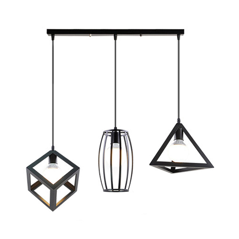 3 Heads Pendant Lighting with Different Cage Shade Metal Retro Stylish Kitchen Hanging Lamp in Black, Round/Linear Canopy Clearhalo 'Art Deco Pendants' 'Black' 'Cast Iron' 'Ceiling Lights' 'Ceramic' 'Crystal' 'Industrial Pendants' 'Industrial' 'Metal' 'Middle Century Pendants' 'Pendant Lights' 'Pendants' 'Rustic Pendants' 'Tiffany' Lighting' 460191