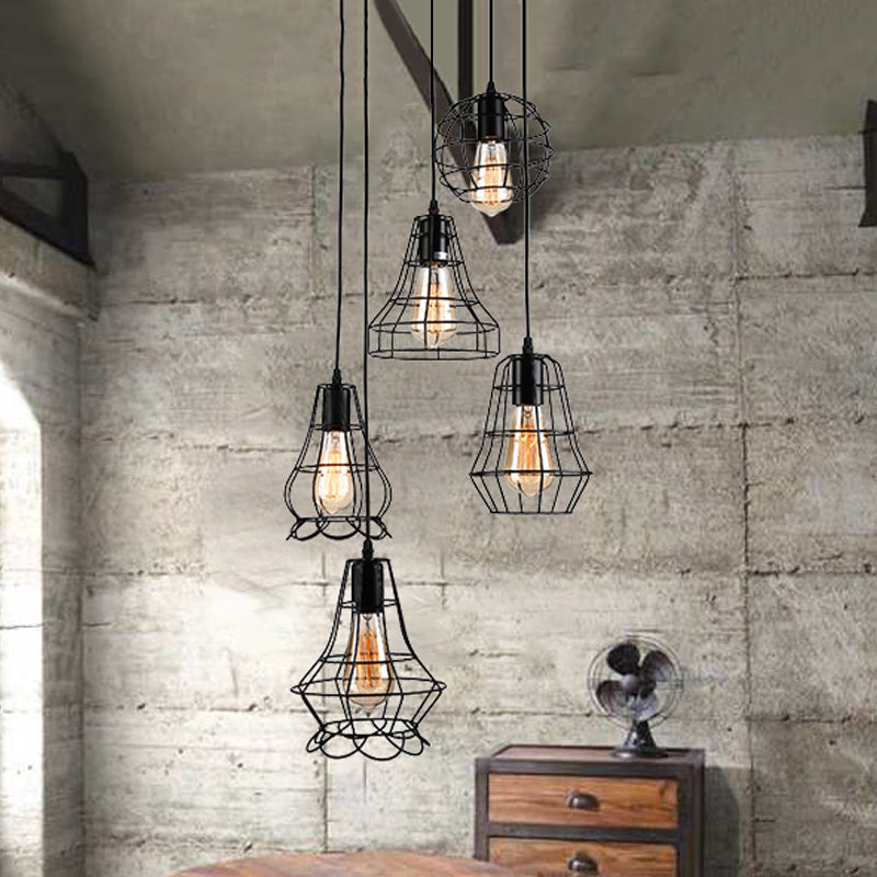 Vintage Style Caged Pendant Lighting with Different Shade 5 Heads Iron Ceiling Fixture in Black over Table Clearhalo 'Art Deco Pendants' 'Black' 'Cast Iron' 'Ceiling Lights' 'Ceramic' 'Crystal' 'Industrial Pendants' 'Industrial' 'Metal' 'Middle Century Pendants' 'Pendant Lights' 'Pendants' 'Rustic Pendants' 'Tiffany' Lighting' 460192