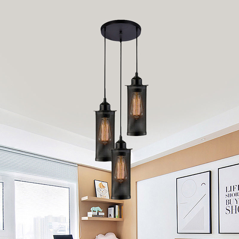 3/8 Bulbs Pendant Light with Cylinder Mesh Shade Metal Vintage Stylish Kitchen Ceiling Fixture in Black, Round/Linear Canopy Clearhalo 'Art Deco Pendants' 'Black' 'Cast Iron' 'Ceiling Lights' 'Ceramic' 'Crystal' 'Industrial Pendants' 'Industrial' 'Metal' 'Middle Century Pendants' 'Pendant Lights' 'Pendants' 'Rustic Pendants' 'Tiffany' Lighting' 460193