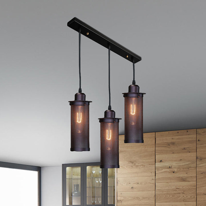 3/8 Bulbs Pendant Light with Cylinder Mesh Shade Metal Vintage Stylish Kitchen Ceiling Fixture in Black, Round/Linear Canopy Clearhalo 'Art Deco Pendants' 'Black' 'Cast Iron' 'Ceiling Lights' 'Ceramic' 'Crystal' 'Industrial Pendants' 'Industrial' 'Metal' 'Middle Century Pendants' 'Pendant Lights' 'Pendants' 'Rustic Pendants' 'Tiffany' Lighting' 460194