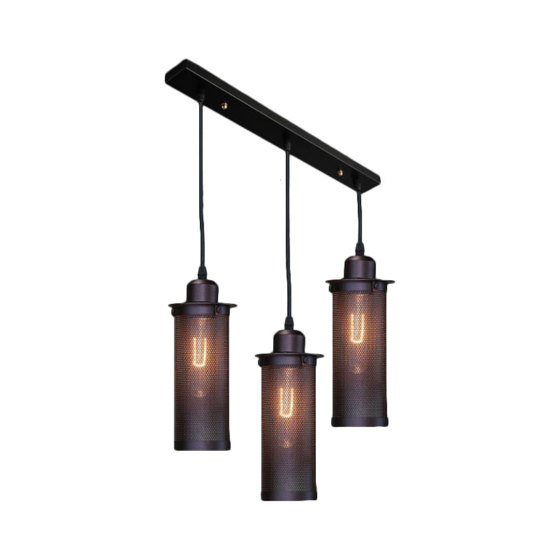 3/8 Bulbs Pendant Light with Cylinder Mesh Shade Metal Vintage Stylish Kitchen Ceiling Fixture in Black, Round/Linear Canopy Clearhalo 'Art Deco Pendants' 'Black' 'Cast Iron' 'Ceiling Lights' 'Ceramic' 'Crystal' 'Industrial Pendants' 'Industrial' 'Metal' 'Middle Century Pendants' 'Pendant Lights' 'Pendants' 'Rustic Pendants' 'Tiffany' Lighting' 460195