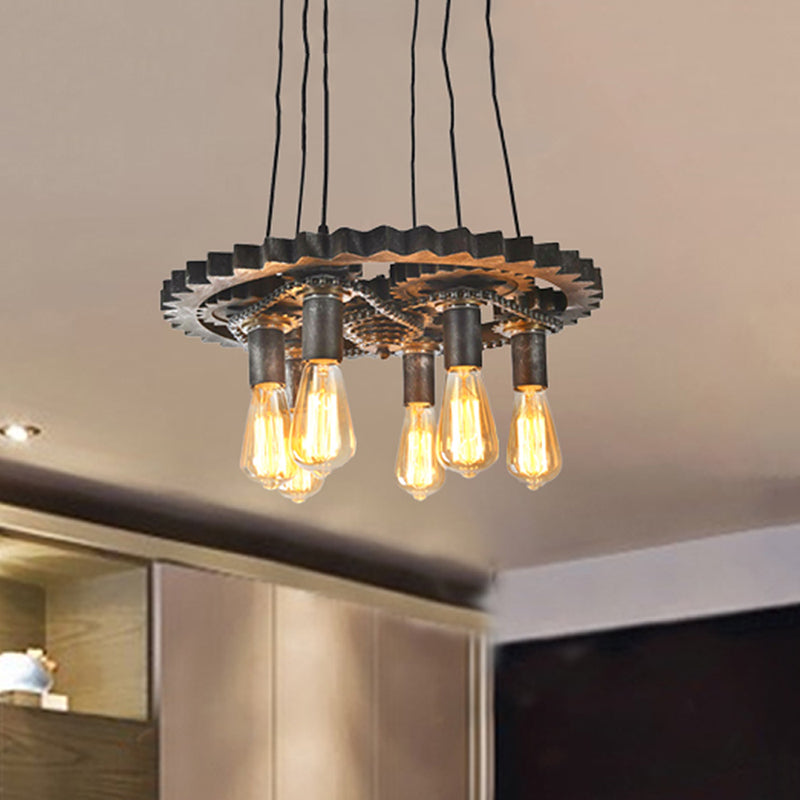 Metal Gear Shaped Chandelier Pendant Light Farmhouse 6 Lights Dining Room Adjustable Ceiling Fixture in Rust Clearhalo 'Art Deco Pendants' 'Cast Iron' 'Ceiling Lights' 'Ceramic' 'Crystal' 'Industrial Pendants' 'Industrial' 'Metal' 'Middle Century Pendants' 'Pendant Lights' 'Pendants' 'Tiffany' Lighting' 460209