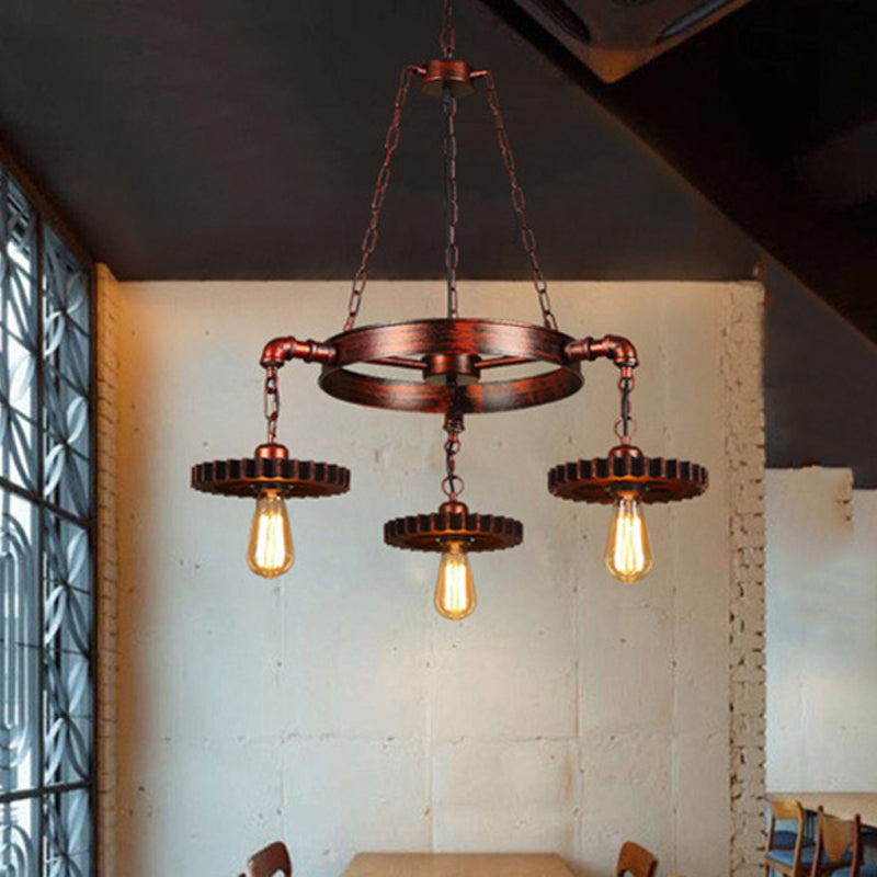 3/7 Heads Gear Pendant Lighting with Open Bulb Antique Style Dark Rust Metal Chandelier Light Fixture for Restaurant Clearhalo 'Cast Iron' 'Ceiling Lights' 'Chandeliers' 'Industrial Chandeliers' 'Industrial' 'Metal' 'Middle Century Chandeliers' 'Rustic Chandeliers' 'Tiffany' Lighting' 460210