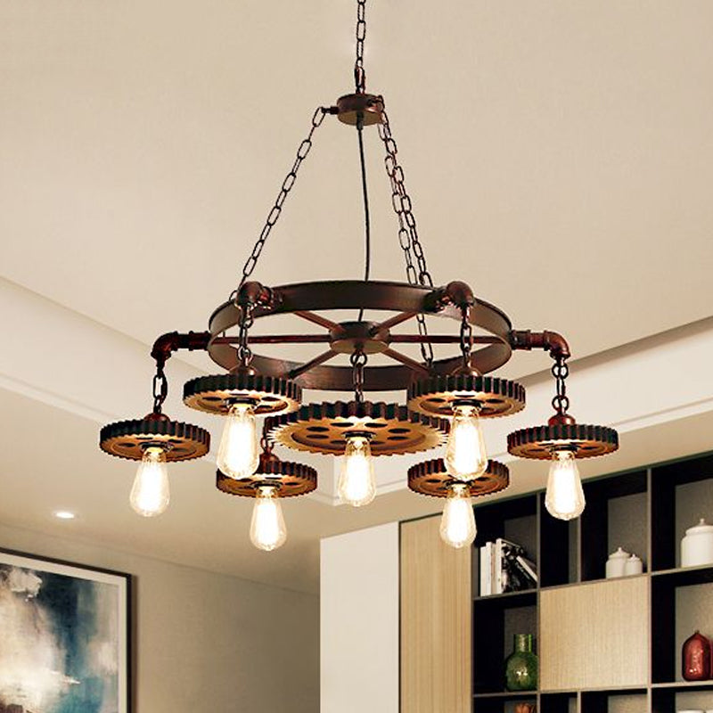 3/7 Heads Gear Pendant Lighting with Open Bulb Antique Style Dark Rust Metal Chandelier Light Fixture for Restaurant Clearhalo 'Cast Iron' 'Ceiling Lights' 'Chandeliers' 'Industrial Chandeliers' 'Industrial' 'Metal' 'Middle Century Chandeliers' 'Rustic Chandeliers' 'Tiffany' Lighting' 460211