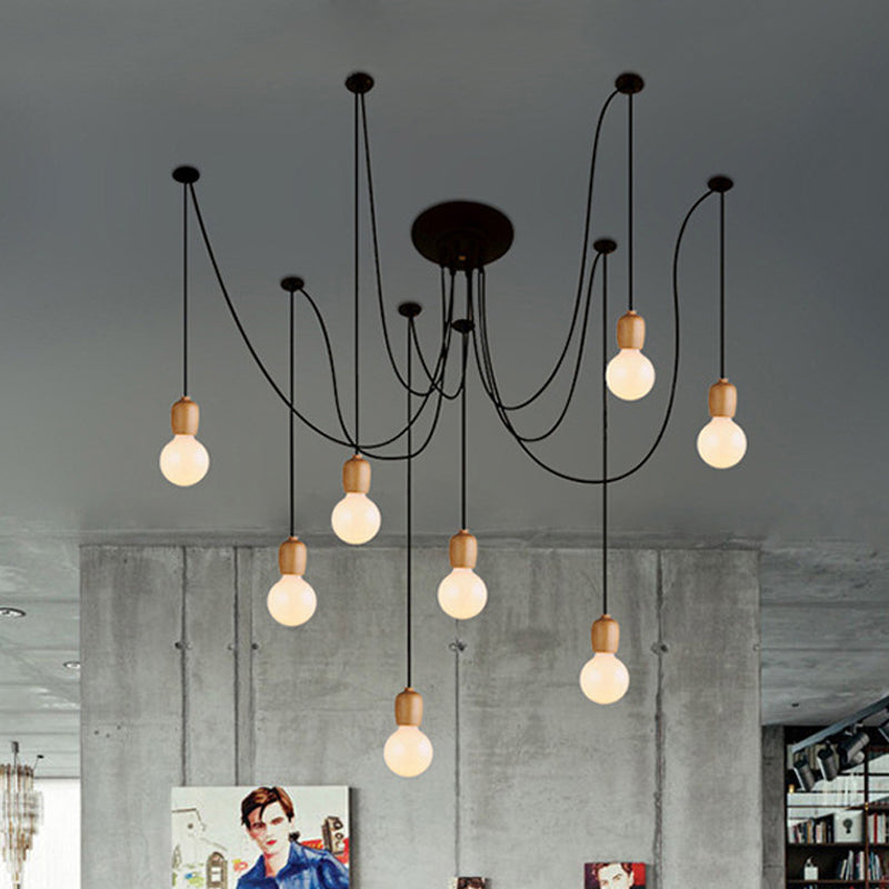 Black Swag Hanging Lamp with Exposed Bulb Industrial Wood 8/12 Lights Dining Room Pendant Lamp Clearhalo 'Ceiling Lights' 'Industrial Pendants' 'Industrial' 'Middle Century Pendants' 'Pendant Lights' 'Pendants' 'Tiffany' Lighting' 460225