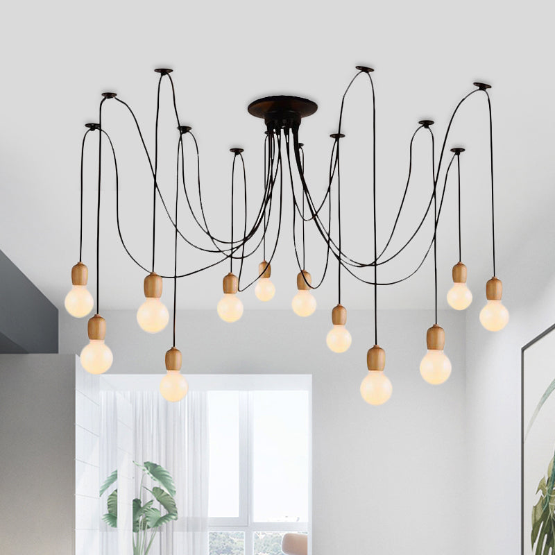 Black Swag Hanging Lamp with Exposed Bulb Industrial Wood 8/12 Lights Dining Room Pendant Lamp Clearhalo 'Ceiling Lights' 'Industrial Pendants' 'Industrial' 'Middle Century Pendants' 'Pendant Lights' 'Pendants' 'Tiffany' Lighting' 460226