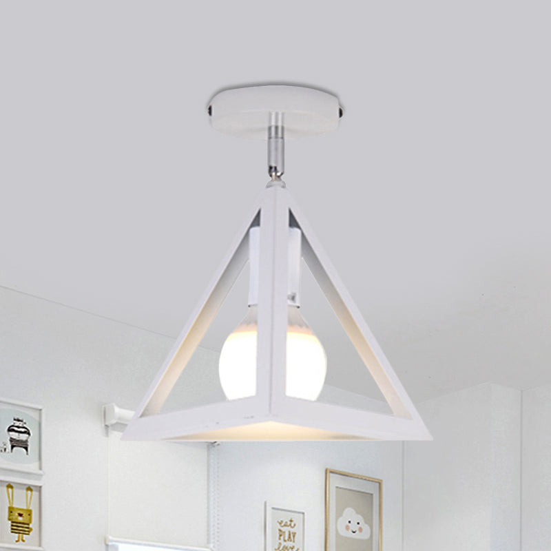 Retro Industrial Wire Cage Semi Flush Ceiling Light with Triangle Shade 1 Head Metal Ceiling Lamp in Black/Grey/White Clearhalo 'Ceiling Lights' 'Close To Ceiling Lights' 'Close to ceiling' 'Semi-flushmount' Lighting' 460229