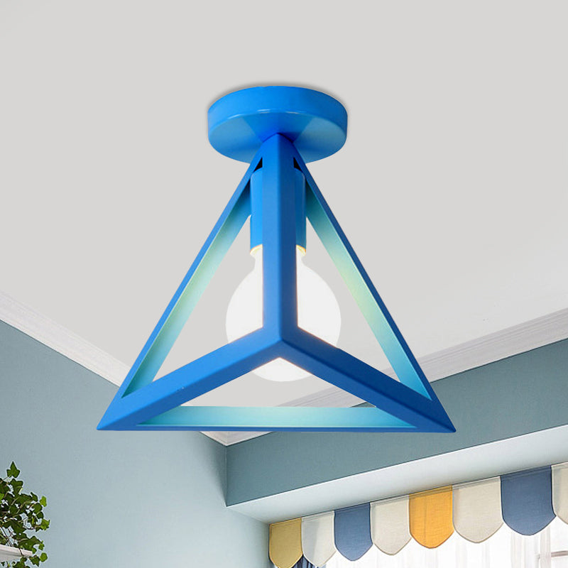 Retro Industrial Wire Cage Semi Flush Ceiling Light with Triangle Shade 1 Head Metal Ceiling Lamp in Black/Grey/White Blue Clearhalo 'Ceiling Lights' 'Close To Ceiling Lights' 'Close to ceiling' 'Semi-flushmount' Lighting' 460231