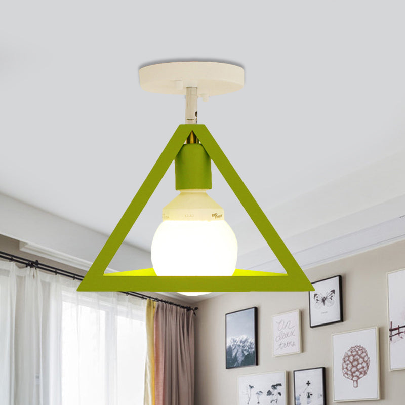 Retro Industrial Wire Cage Semi Flush Ceiling Light with Triangle Shade 1 Head Metal Ceiling Lamp in Black/Grey/White Clearhalo 'Ceiling Lights' 'Close To Ceiling Lights' 'Close to ceiling' 'Semi-flushmount' Lighting' 460233