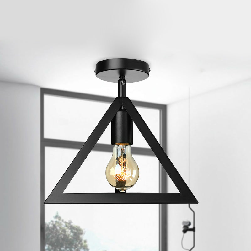 Retro Industrial Wire Cage Semi Flush Ceiling Light with Triangle Shade 1 Head Metal Ceiling Lamp in Black/Grey/White Clearhalo 'Ceiling Lights' 'Close To Ceiling Lights' 'Close to ceiling' 'Semi-flushmount' Lighting' 460234