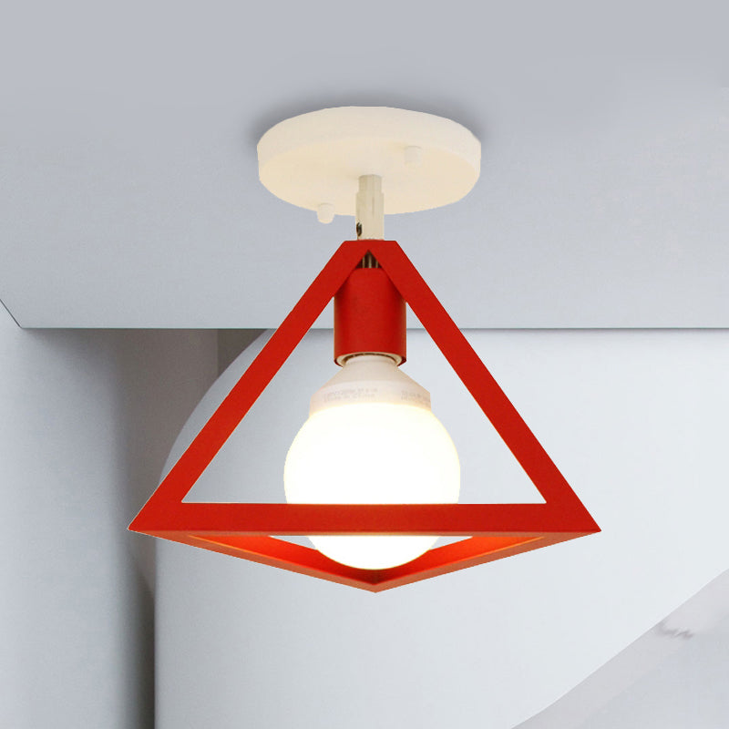 Retro Industrial Wire Cage Semi Flush Ceiling Light with Triangle Shade 1 Head Metal Ceiling Lamp in Black/Grey/White Clearhalo 'Ceiling Lights' 'Close To Ceiling Lights' 'Close to ceiling' 'Semi-flushmount' Lighting' 460235