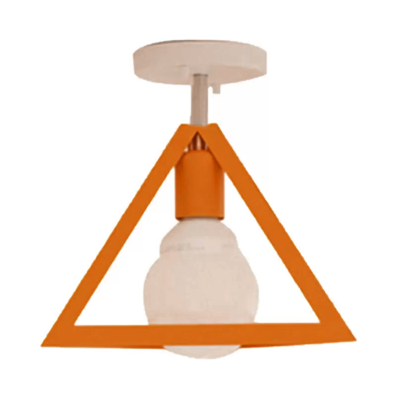 Retro Industrial Wire Cage Semi Flush Ceiling Light with Triangle Shade 1 Head Metal Ceiling Lamp in Black/Grey/White Clearhalo 'Ceiling Lights' 'Close To Ceiling Lights' 'Close to ceiling' 'Semi-flushmount' Lighting' 460238