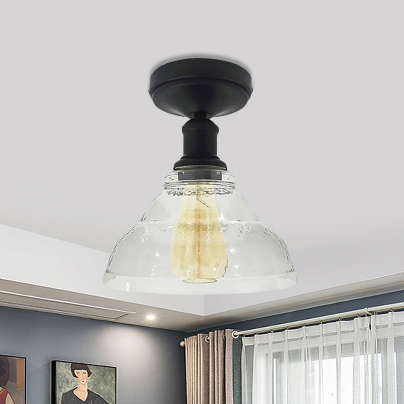 1 Light Bowl Shade Semi Flush Light Industrial Black/Chrome Clear Glass Ceiling Mount for Living Room Clearhalo 'Ceiling Lights' 'Close To Ceiling Lights' 'Close to ceiling' 'Glass shade' 'Glass' 'Semi-flushmount' Lighting' 460272