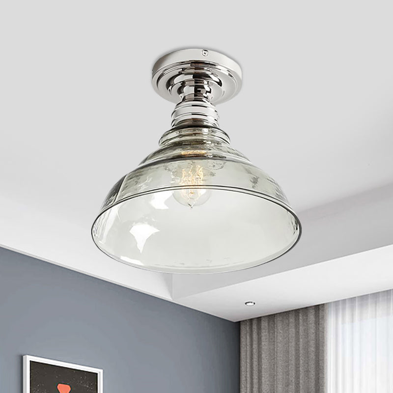 1 Light Bowl Shade Semi Flush Light Industrial Black/Chrome Clear Glass Ceiling Mount for Living Room Clearhalo 'Ceiling Lights' 'Close To Ceiling Lights' 'Close to ceiling' 'Glass shade' 'Glass' 'Semi-flushmount' Lighting' 460273