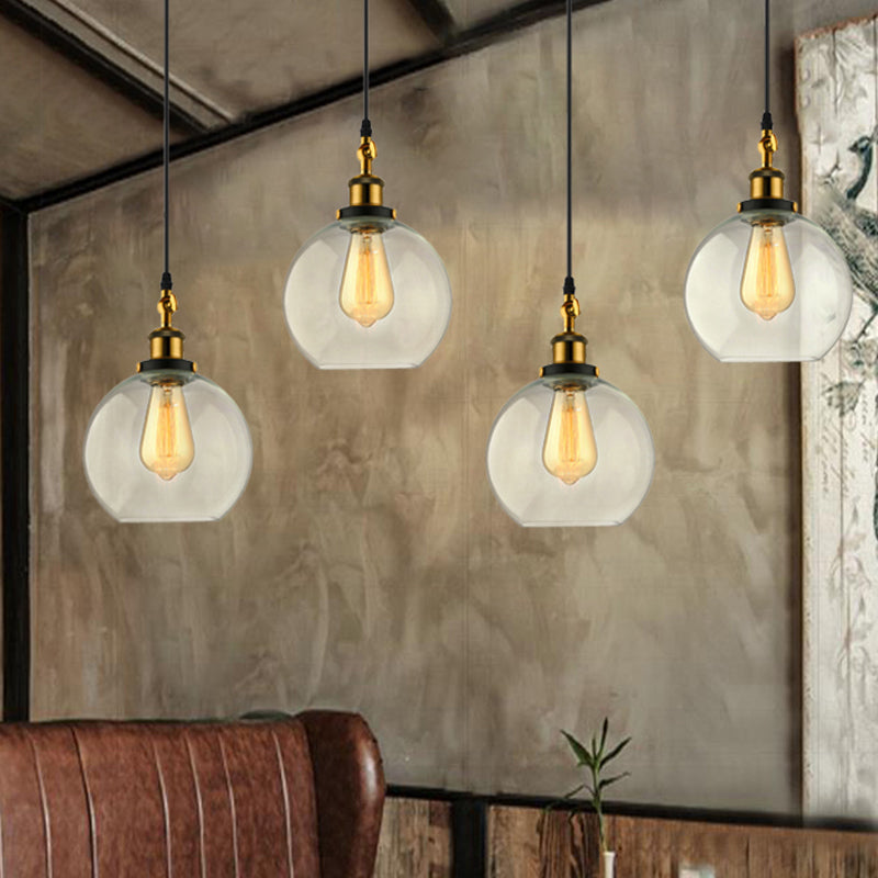 3/4-Light Clear Glass Multi Hanging Light Fixture Industrial Antique Brass Orb Living Room Pendant with Round Canopy Clearhalo 'Ceiling Lights' 'Glass shade' 'Glass' 'Industrial Pendants' 'Industrial' 'Middle Century Pendants' 'Pendant Lights' 'Pendants' 'Tiffany' Lighting' 460283