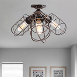 3 Lights Semi Flush Light with Wire Frame Wrought Iron Rustic Stylish Farmhouse Semi Flush Pendant Light in Bronze/Aged Silver Clearhalo 'Ceiling Lights' 'Close To Ceiling Lights' 'Close to ceiling' 'Semi-flushmount' Lighting' 460284
