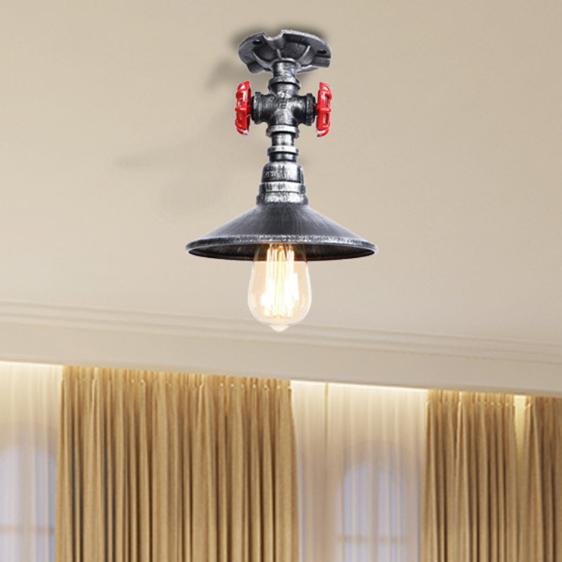 Cone Iron Semi-Flush Ceiling Light Loft Industrial 1 Light Bedroom Ceiling Lamp with Red Faucet Valve in Black/Bronze Clearhalo 'Ceiling Lights' 'Close To Ceiling Lights' 'Close to ceiling' 'Semi-flushmount' Lighting' 460286
