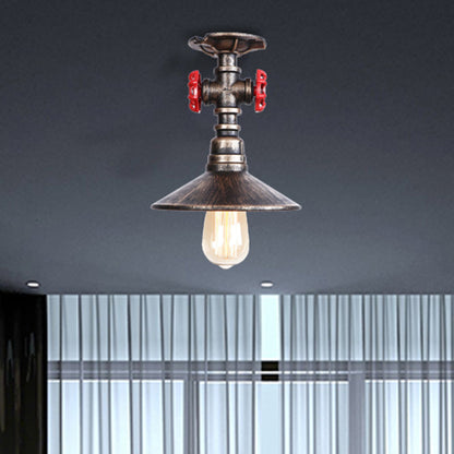 Cone Iron Semi-Flush Ceiling Light Loft Industrial 1 Light Bedroom Ceiling Lamp with Red Faucet Valve in Black/Bronze Bronze Clearhalo 'Ceiling Lights' 'Close To Ceiling Lights' 'Close to ceiling' 'Semi-flushmount' Lighting' 460287