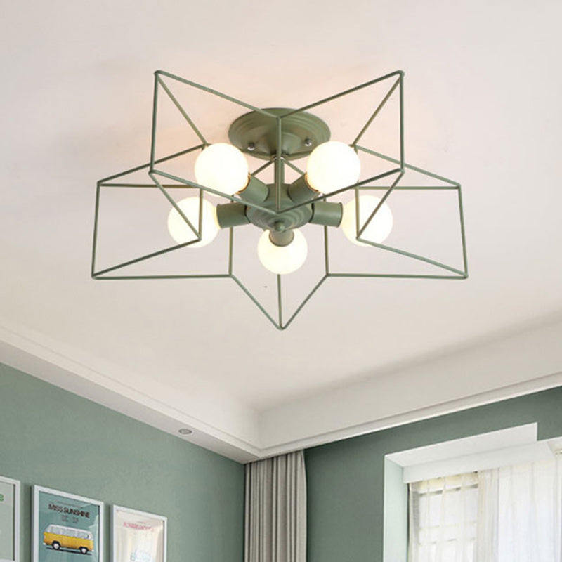 5 Bulbs Semi-Flush Ceiling Fixture with Star Cage Shade Metallic Loft Stylish Indoor Semi Flush Light in Grey/Pink Green Clearhalo 'Ceiling Lights' 'Close To Ceiling Lights' 'Close to ceiling' 'Semi-flushmount' Lighting' 460291