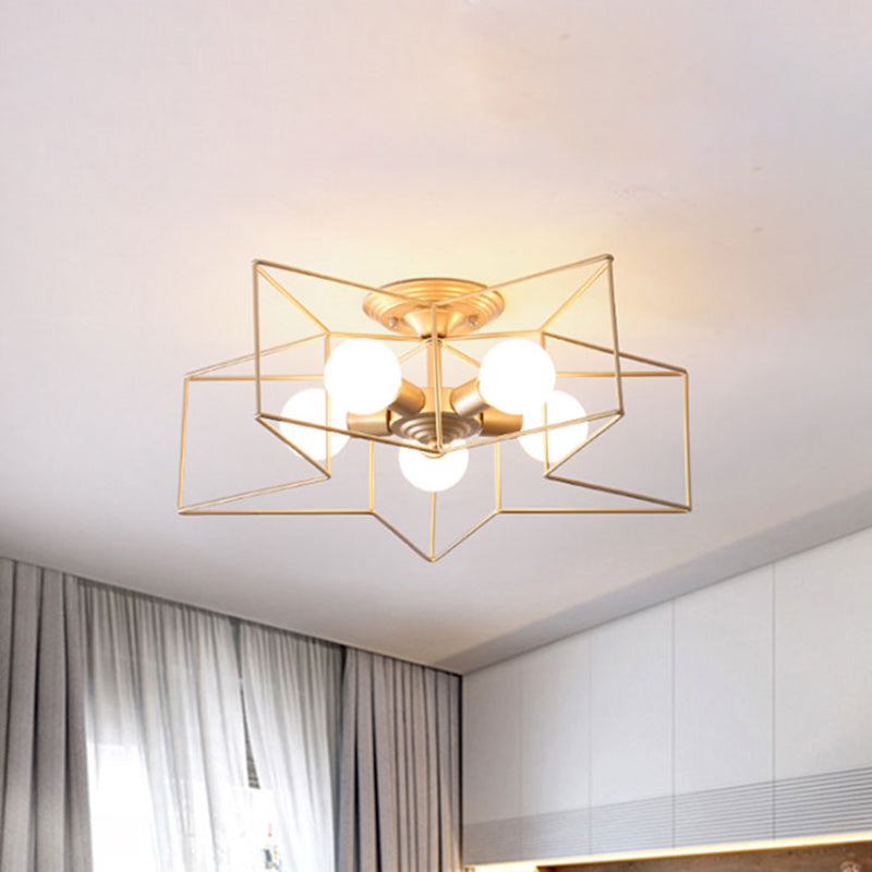 5 Bulbs Semi-Flush Ceiling Fixture with Star Cage Shade Metallic Loft Stylish Indoor Semi Flush Light in Grey/Pink Gold Clearhalo 'Ceiling Lights' 'Close To Ceiling Lights' 'Close to ceiling' 'Semi-flushmount' Lighting' 460294
