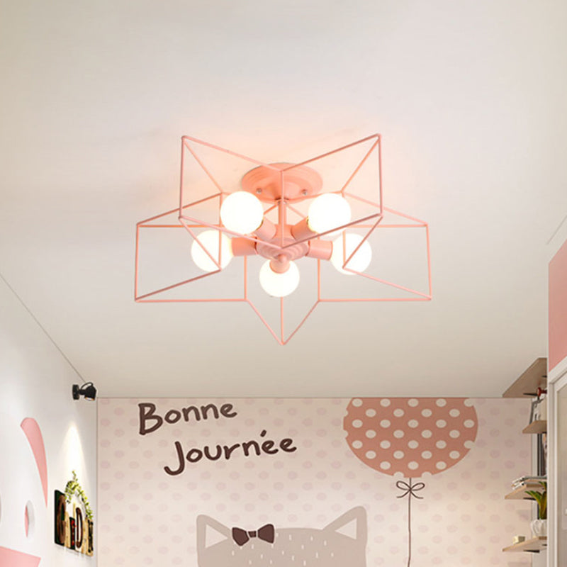 5 Bulbs Semi-Flush Ceiling Fixture with Star Cage Shade Metallic Loft Stylish Indoor Semi Flush Light in Grey/Pink Pink Clearhalo 'Ceiling Lights' 'Close To Ceiling Lights' 'Close to ceiling' 'Semi-flushmount' Lighting' 460295