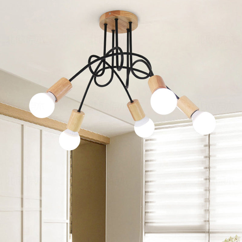 Open Bulb Metal Ceiling Flush Mount Loft Industrial 3/5 Lights Indoor Semi Mount Lighting with Wooden Cap Clearhalo 'Ceiling Lights' 'Close To Ceiling Lights' 'Close to ceiling' 'Semi-flushmount' Lighting' 460297