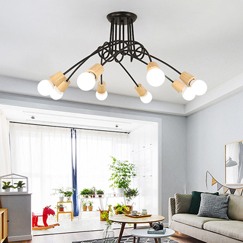 Metal Open Bulb Ceiling Light Fixture with Twisted Arm Loft Style 3/5 Lights Kitchen Semi Flush Pendant Light in Wood Clearhalo 'Ceiling Lights' 'Close To Ceiling Lights' 'Close to ceiling' 'Semi-flushmount' Lighting' 460298