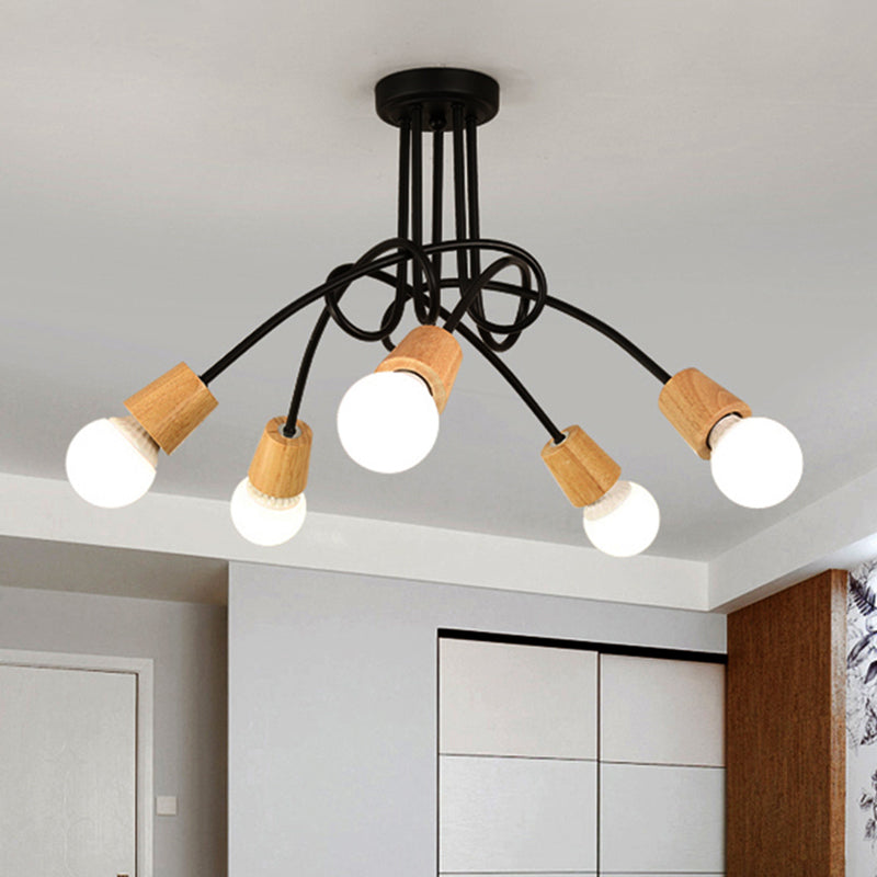 Metal Open Bulb Ceiling Light Fixture with Twisted Arm Loft Style 3/5 Lights Kitchen Semi Flush Pendant Light in Wood Clearhalo 'Ceiling Lights' 'Close To Ceiling Lights' 'Close to ceiling' 'Semi-flushmount' Lighting' 460299