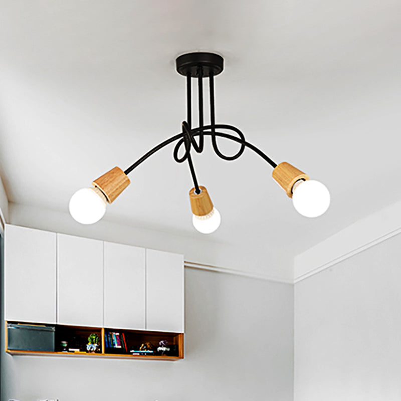 Metal Open Bulb Ceiling Light Fixture with Twisted Arm Loft Style 3/5 Lights Kitchen Semi Flush Pendant Light in Wood 3 Wood Clearhalo 'Ceiling Lights' 'Close To Ceiling Lights' 'Close to ceiling' 'Semi-flushmount' Lighting' 460300