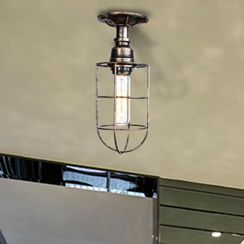 Black/Bronze 1 Bulb Semi-Flush Mount Light Vintage Metal Wire Guard Ceiling Mounted Light for Corridor - Bronze - Clearhalo - 'Ceiling Lights' - 'Close To Ceiling Lights' - 'Close to ceiling' - 'Semi-flushmount' - Lighting' - 460304