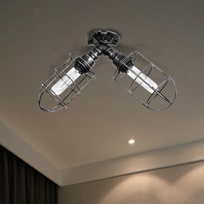 Pipe Living Room Semi-Flush Mount Light with Cage Shade Coastal Style Wrought Iron 2 Bulbs Aged Silver/Bronze Ceiling Lighting Aged Silver Clearhalo 'Ceiling Lights' 'Close To Ceiling Lights' 'Close to ceiling' 'Semi-flushmount' Lighting' 460313