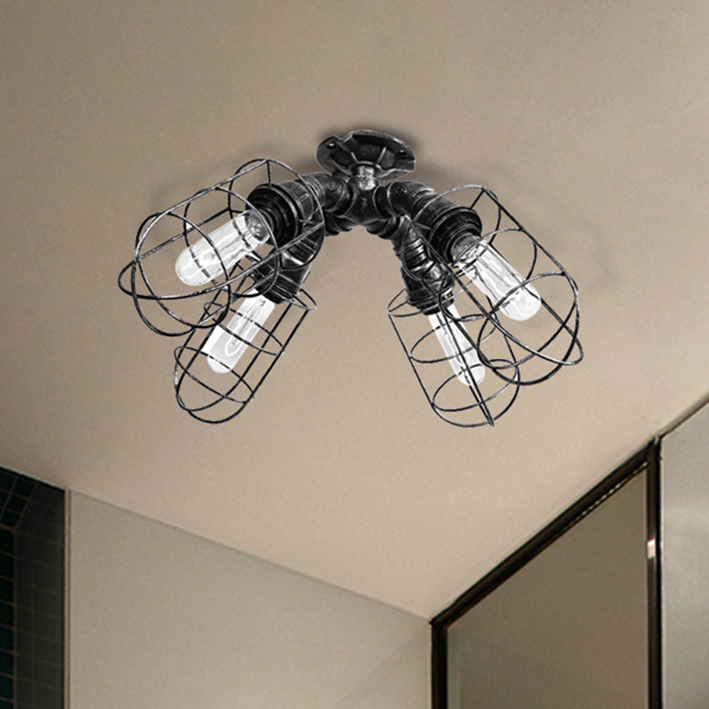 Caged Bedroom Semi-Flush Ceiling Fixture Rustic Industrial Iron 4 Bulbs Bronze/Aged Silver Ceiling Lamp with Pipe Design Aged Silver Clearhalo 'Ceiling Lights' 'Close To Ceiling Lights' 'Close to ceiling' 'Semi-flushmount' Lighting' 460317