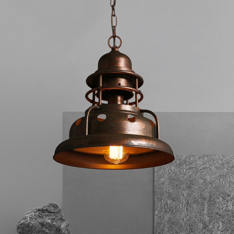Farmhouse Barn Pendant Lighting 1 Head Wrought Iron Hanging Fixture with Hole Design in Weathered Copper Clearhalo 'Art Deco Pendants' 'Cast Iron' 'Ceiling Lights' 'Ceramic' 'Crystal' 'Industrial Pendants' 'Industrial' 'Metal' 'Middle Century Pendants' 'Pendant Lights' 'Pendants' 'Tiffany' Lighting' 460318