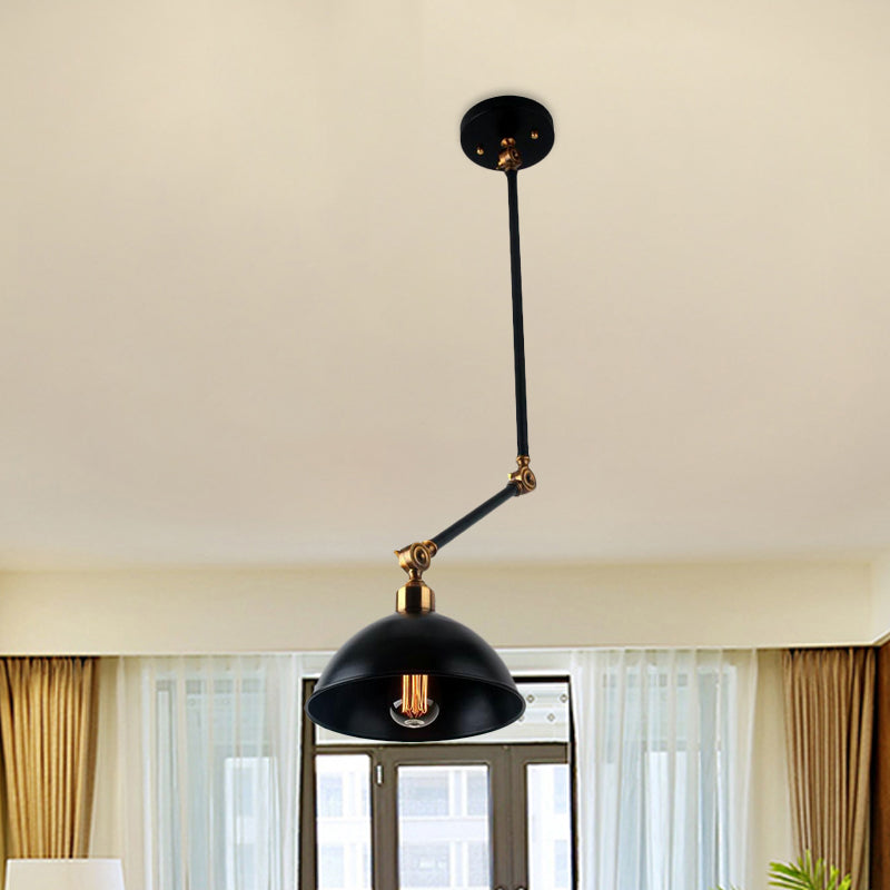 1 Bulb Dome Ceiling Light Retro Style Black Metal Suspended Lamp with Swing Arm over Table Clearhalo 'Art Deco Pendants' 'Black' 'Cast Iron' 'Ceiling Lights' 'Ceramic' 'Crystal' 'Industrial Pendants' 'Industrial' 'Metal' 'Middle Century Pendants' 'Pendant Lights' 'Pendants' 'Rustic Pendants' 'Semi-flushmount' 'Tiffany' Lighting' 460327
