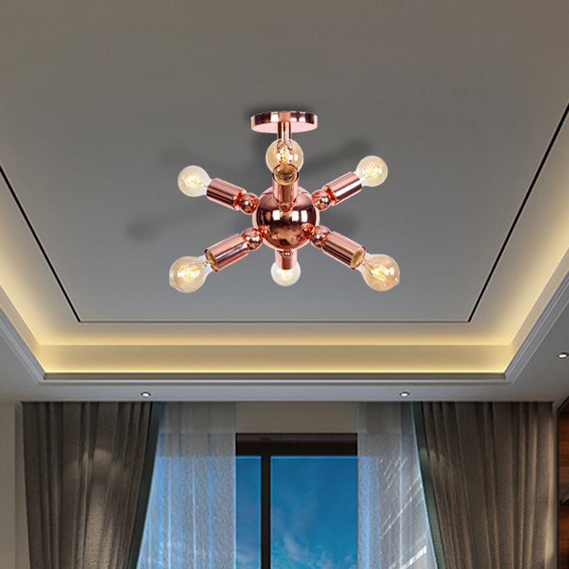 6/9 Lights Starburst Semi Flush Light Fixture Vintage Copper Finish Metal Ceiling Mounted Fixture for Bedroom Clearhalo 'Ceiling Lights' 'Close To Ceiling Lights' 'Close to ceiling' 'Semi-flushmount' Lighting' 460349
