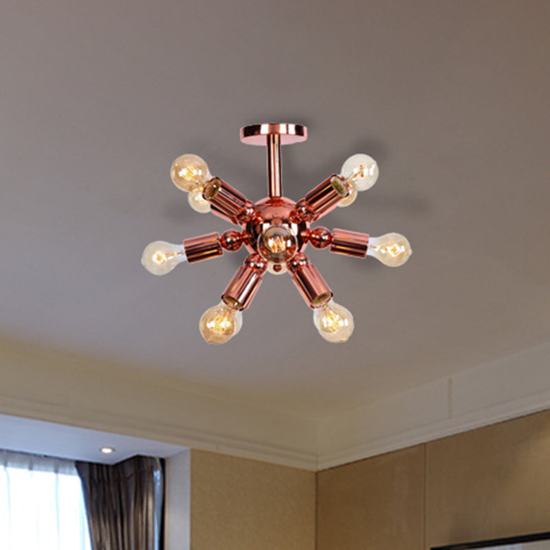 6/9 Lights Starburst Semi Flush Light Fixture Vintage Copper Finish Metal Ceiling Mounted Fixture for Bedroom 9 Copper Clearhalo 'Ceiling Lights' 'Close To Ceiling Lights' 'Close to ceiling' 'Semi-flushmount' Lighting' 460350