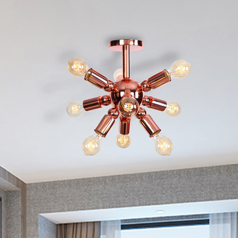 6/9 Lights Starburst Semi Flush Light Fixture Vintage Copper Finish Metal Ceiling Mounted Fixture for Bedroom 12 Copper Clearhalo 'Ceiling Lights' 'Close To Ceiling Lights' 'Close to ceiling' 'Semi-flushmount' Lighting' 460351