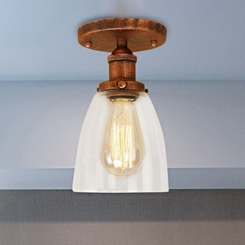 One Bulb Light Fixtures Ceiling Industrial Cone Clear Glass Semi Flush Mount Lighting in Silver/Brass/Rust Clearhalo 'Ceiling Lights' 'Close To Ceiling Lights' 'Close to ceiling' 'Glass shade' 'Glass' 'Semi-flushmount' Lighting' 460360