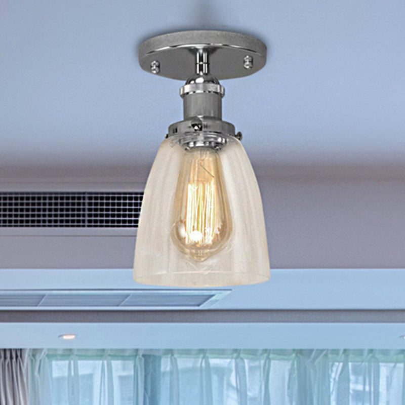 One Bulb Light Fixtures Ceiling Industrial Cone Clear Glass Semi Flush Mount Lighting in Silver/Brass/Rust Silver Clearhalo 'Ceiling Lights' 'Close To Ceiling Lights' 'Close to ceiling' 'Glass shade' 'Glass' 'Semi-flushmount' Lighting' 460361